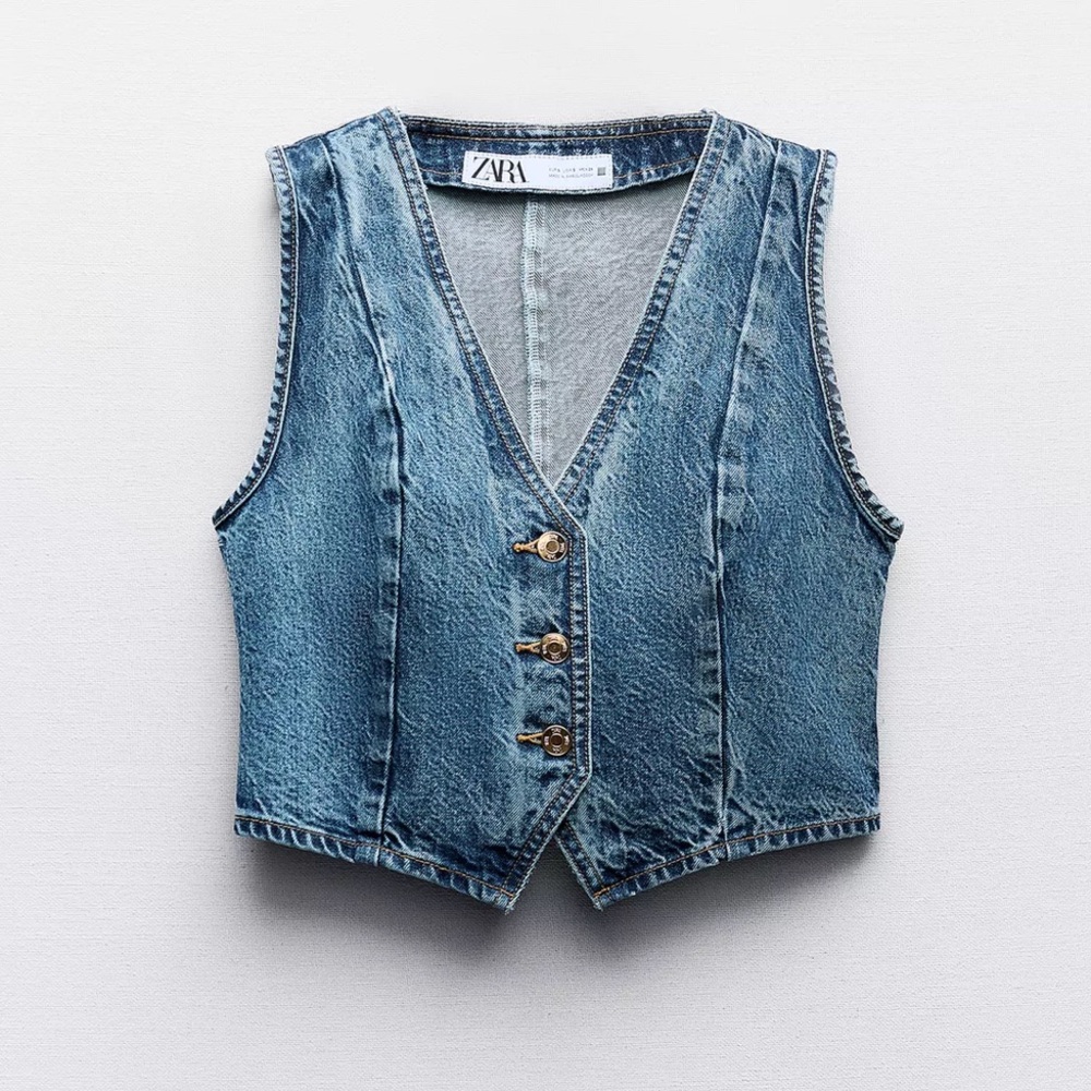 Zara Cropped Classic Blue Denim Vest - Picture 3 of 6